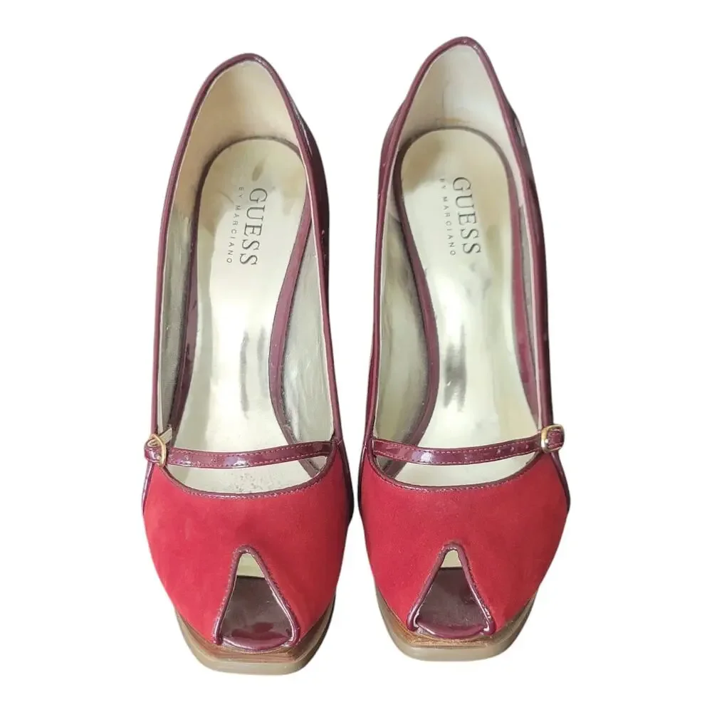 Guess By Marciano High Heels Red Suede Leather Peep Toe Women's US 6.5M‎